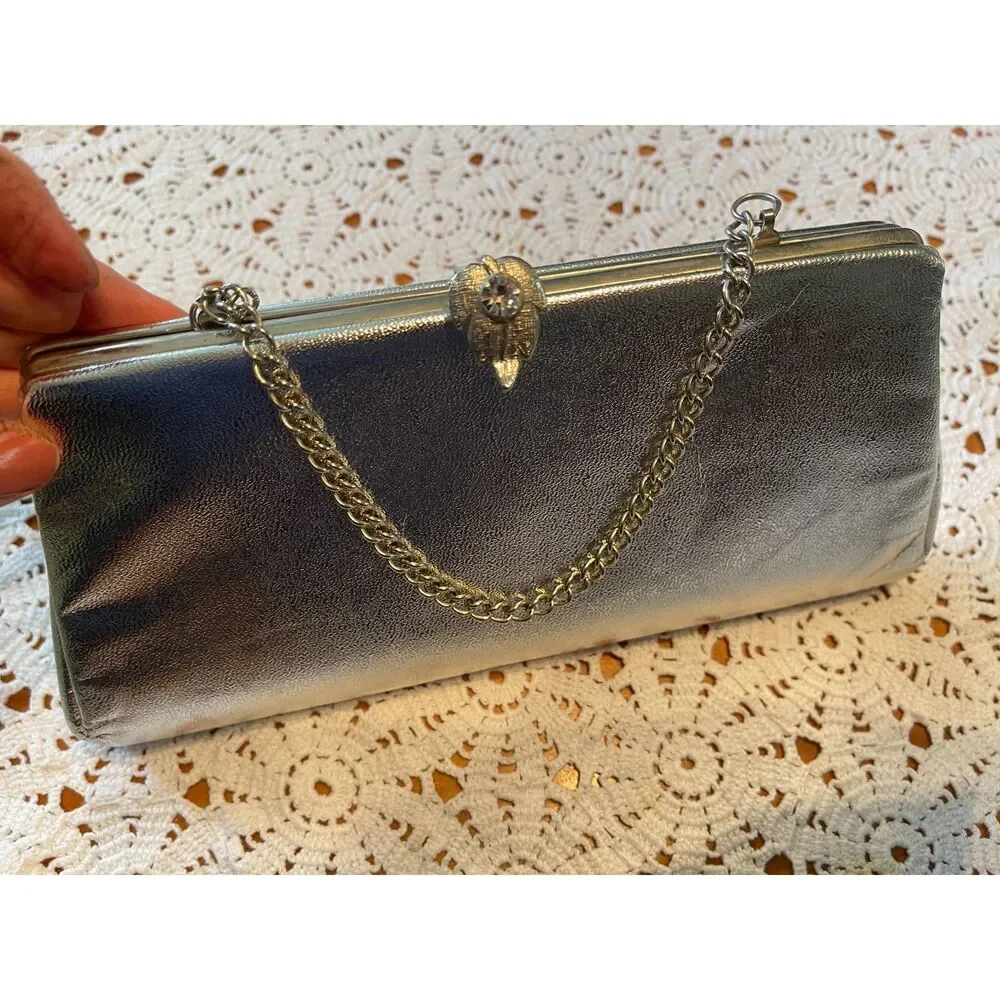 Vintage 60s Silver Metallic Clutch Bag Rhinestone Kiss Lock Leaf Closure Formal